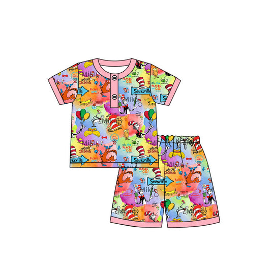 MOQ 3 Custom Cartoon Dr Hot Pink Short Sleeve Shorts Girls Pajamas