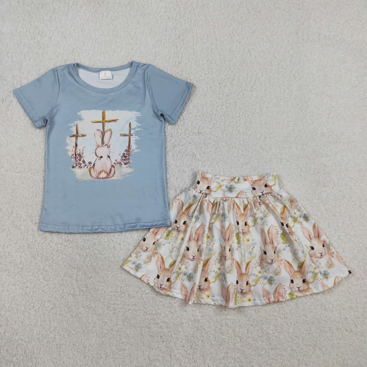 GSD3486 Easter Cross Rabbit Bunny Blue Short Sleeve Skirts Girls Set