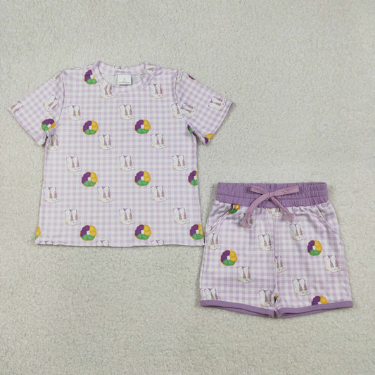 GSSO2740 Mardi Gras dount purple checkered short sleeve shorts girls set