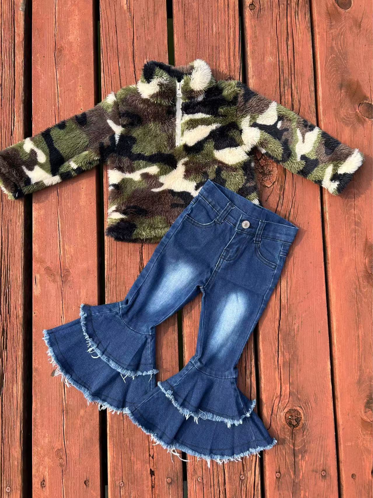 Green Camo Furry Pullover Blue Bell Bottom Jeans Girls Set Warm Plush Set