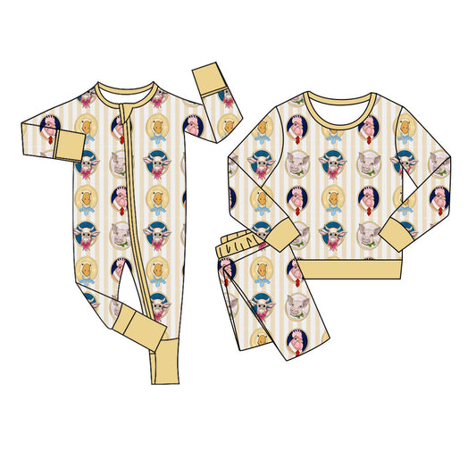 custom moq 5 Cute Animals Yellow Striped Pajamas/Romper Sibling Clothes