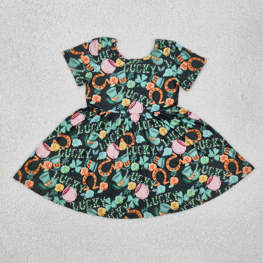 GSD1450 St Patrick luck green clover short sleeve girls dress