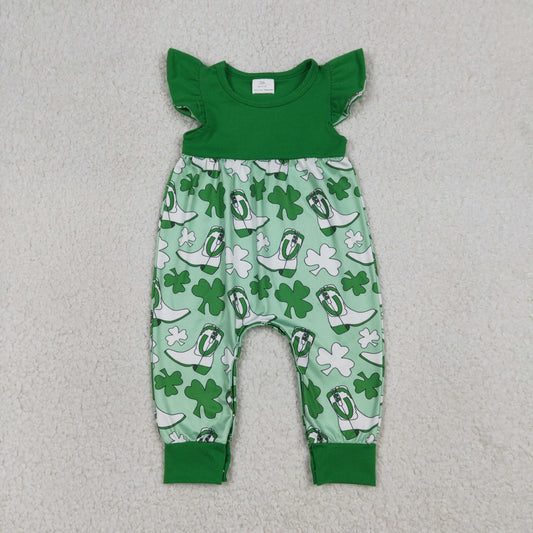 SR3783 Western St Patrick Clover Boots Green Flutter Sleeve Girls Romper