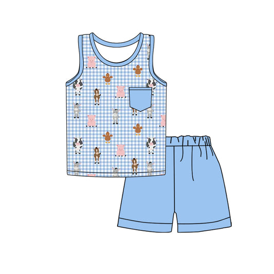 custom (moq 5)Baby Boys Farm Checkered Cows Shirt Shorts Clothes Sets