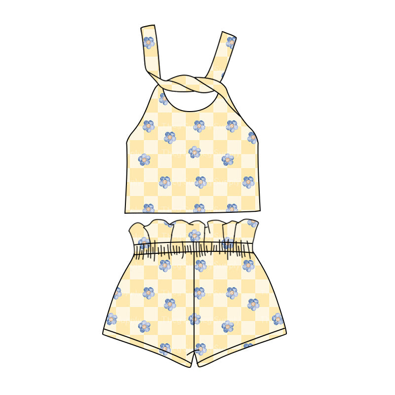 custom (moq 5)Baby Girls Checkered Flowers Straps Top Shorts Clothes Sets