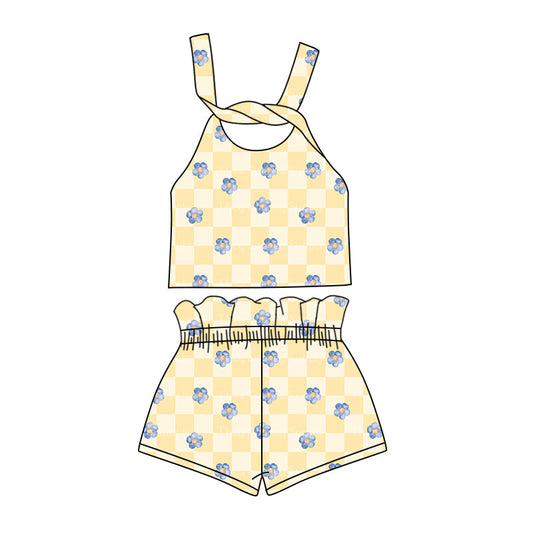 custom (moq 5)Baby Girls Checkered Flowers Straps Top Shorts Clothes Sets