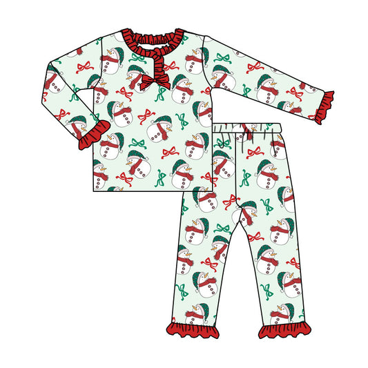 Custom moq 20 bamboo Christmas snowman bows long sleeve pants girls pajamas