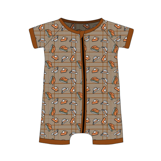 custom Thanksgiving turkey pie brown short sleeve zipper boys romper