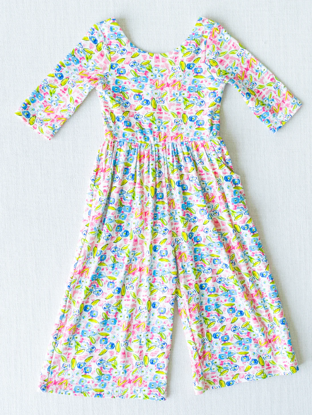 custom Colorful flowers pockets pink long sleeve girls jumpsuit