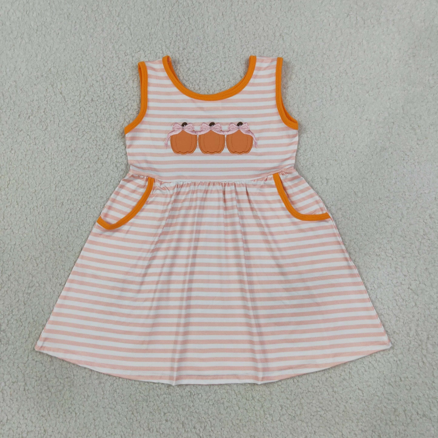 Embroidery GSD4265 Pumpkin Bows Pink Striped Sleeveless Girls Dress