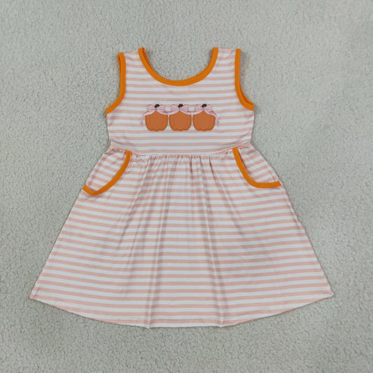 Embroidery GSD4265 Pumpkin Bows Pink Striped Sleeveless Girls Dress