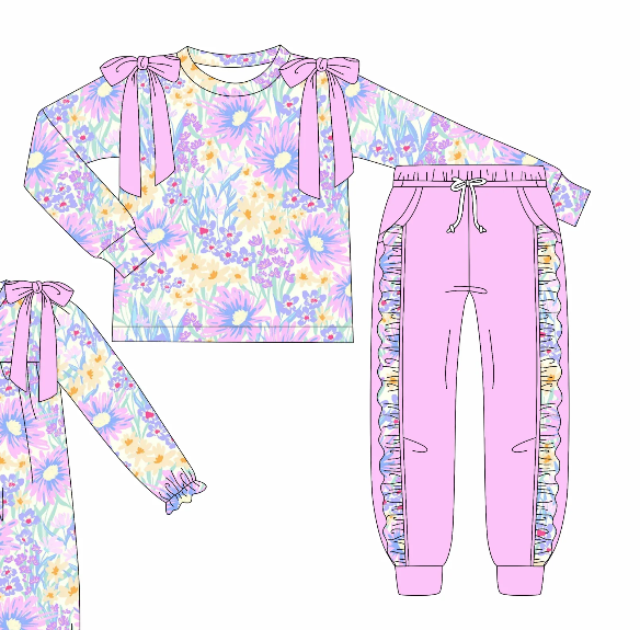 custom moq 3 colorful flowers floral bows long sleeve pink pants girls set