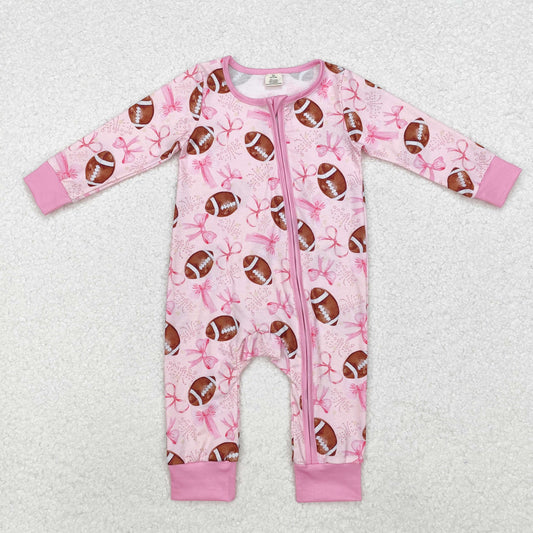 bamboo LR1595 football pink bows long sleeve zipper girls romper