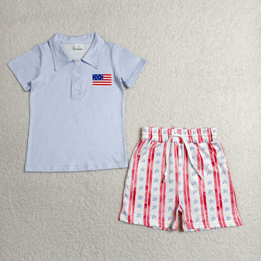 BSSO1480 July 4th flag blue short sleeve red striped shorts boys set