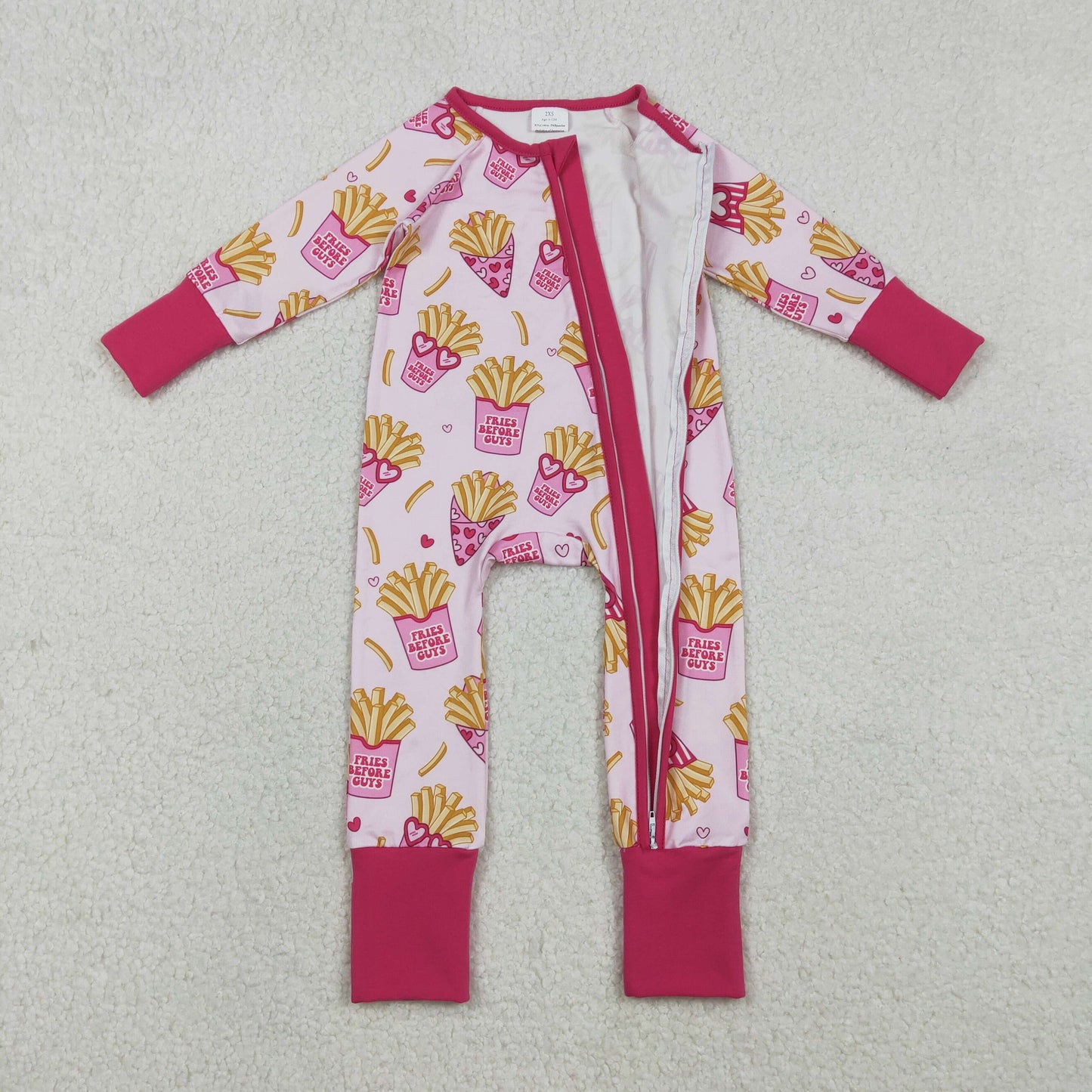 LR2843 Valentine's Day heart chips hot pink zipper long sleeve girls romper