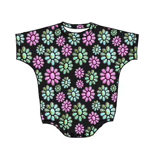 Custom purple green turquoise black short sleeve baby romper