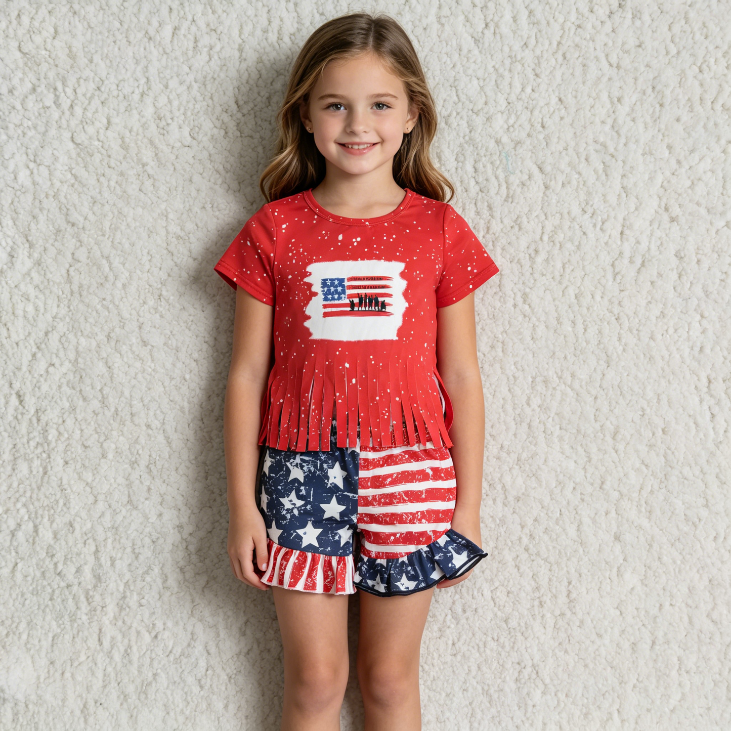 C16-2 July 4th flag red tassels short sleeve striped star shorts girls set