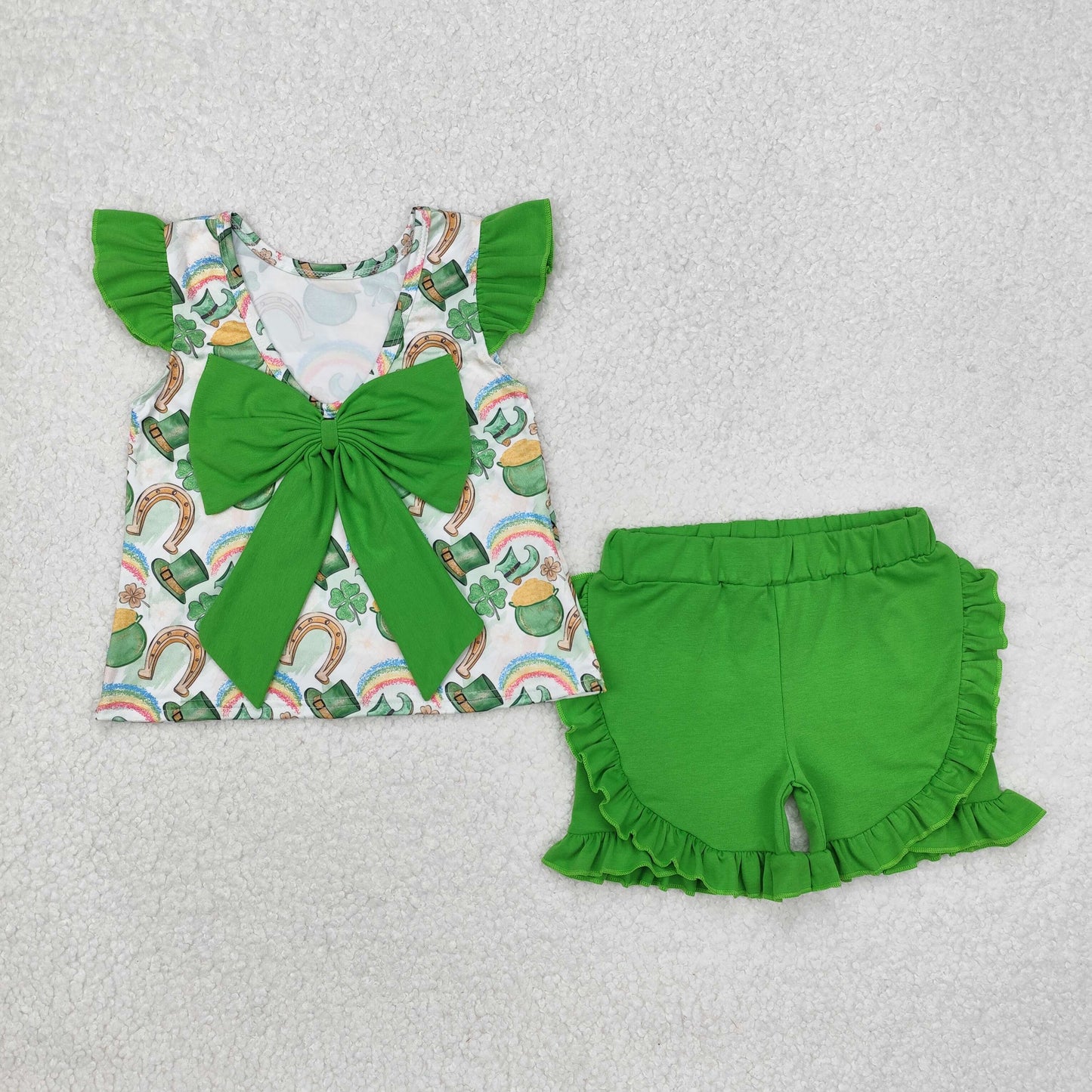 GSSO1713 St. Patrick Clover Bow Flutter Sleeve Green Ruffles Shorts Girls Set