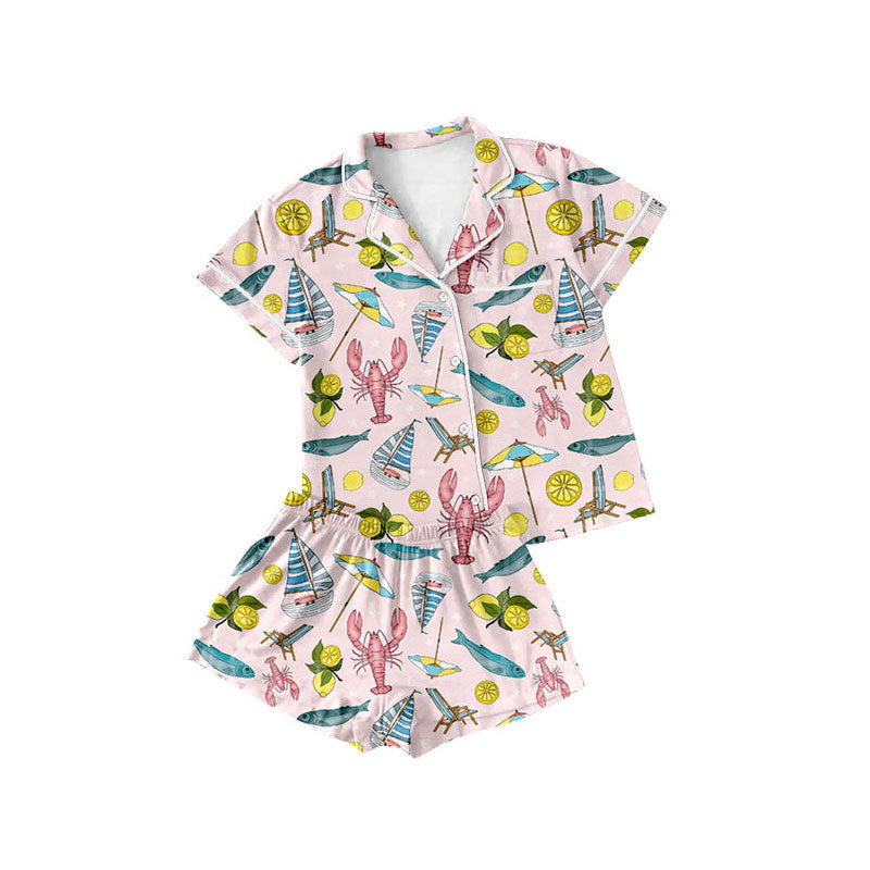 custom moq 5 Crayfish Holiday Lemon Pink Short Sleeve Shorts Girls Pajamas