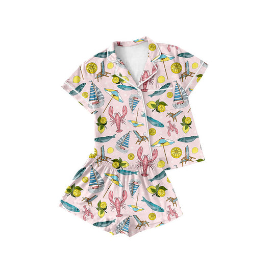 custom moq 5 Crayfish Holiday Lemon Pink Short Sleeve Shorts Girls Pajamas