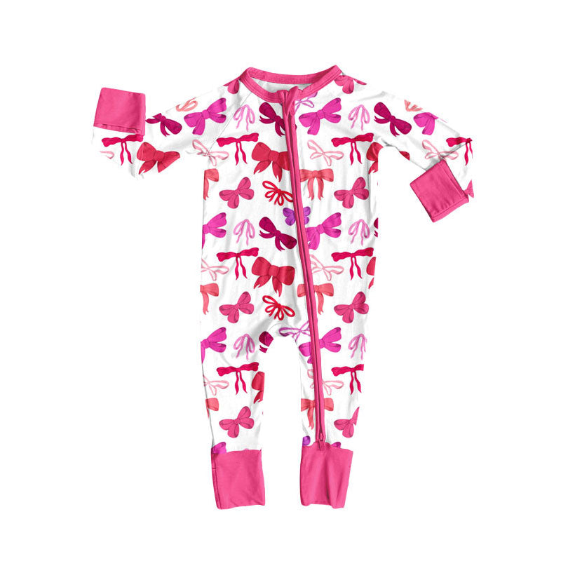 custom moq 5 Valentine's Day bows hot pink zipper long sleeve girls romper