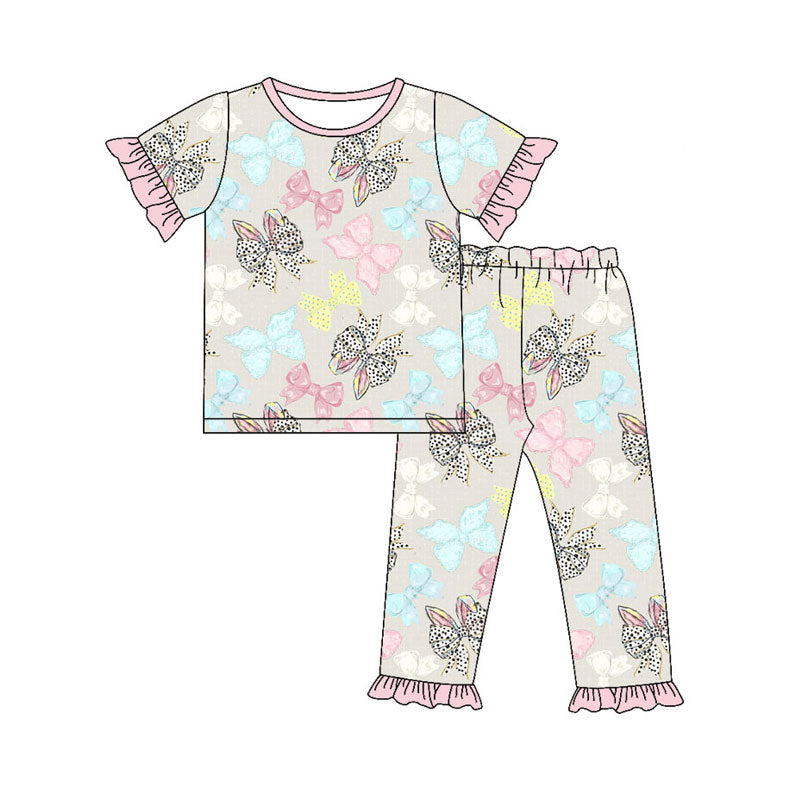 custom moq 5 Easter bunny rabbit bows pink short sleeve pants girls pajamas