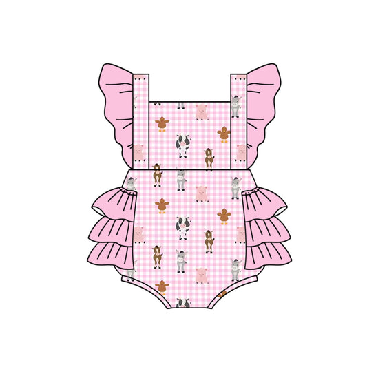 custom(moq 5)Baby Infant Girls Farm Pink Checkered Cows Bubble Rompers
