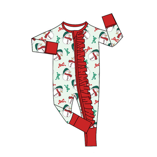 Custom moq 20 bamboo Christmas snowman bows red zipper long sleeve girls romper