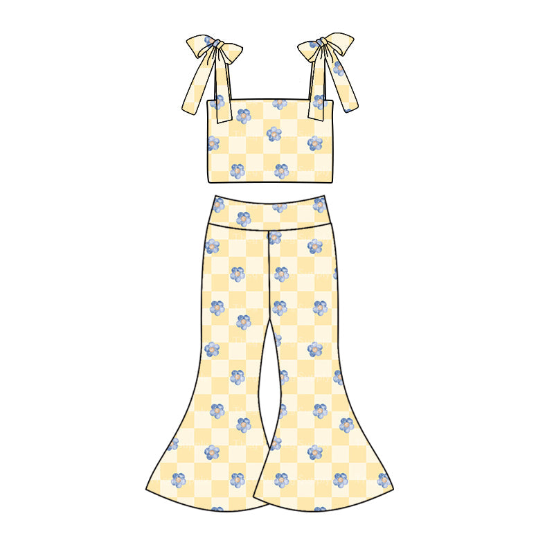 custom (moq 5)Baby Girls Checkered Flowers Straps Top Bell Pants Clothes Sets