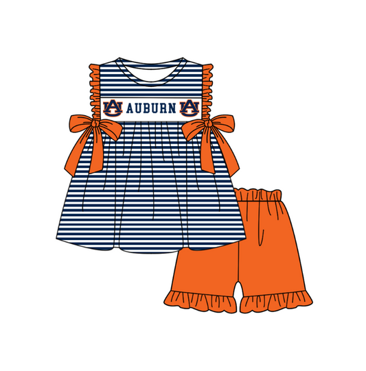 Custom Moq 3 Football Item Auburn Blue Bows Short Sleeve Girls Set