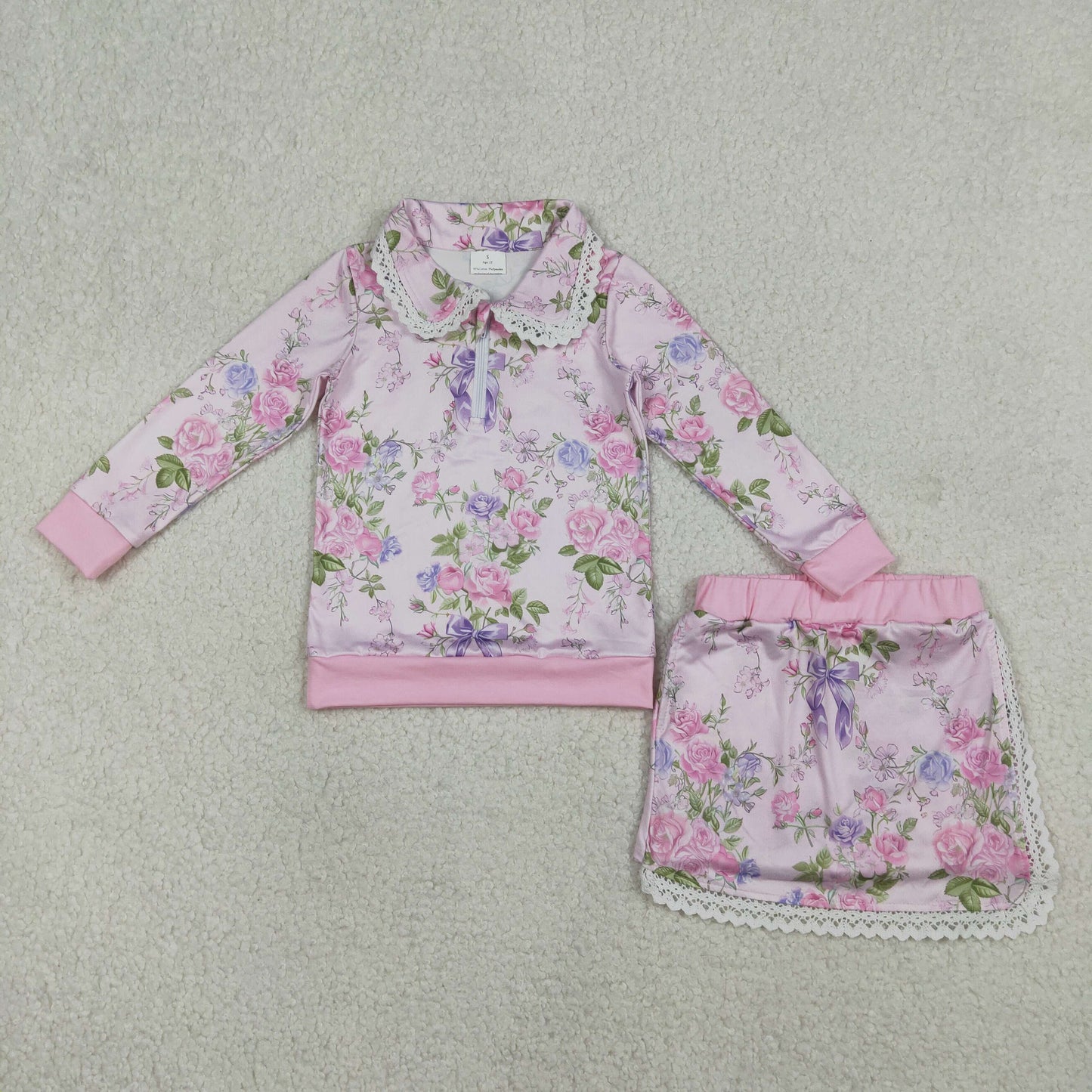 GLD1572 Flowers Pink Zipper Long Sleeve Skirts Girls Set