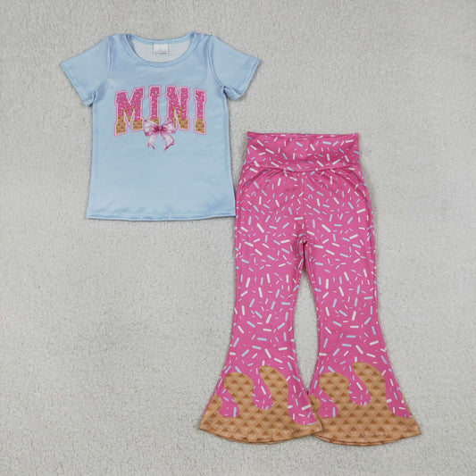 GSPO2107 Mini Bows Blue Short Sleeve Hot Pink Sprinkles Pants Girls Set