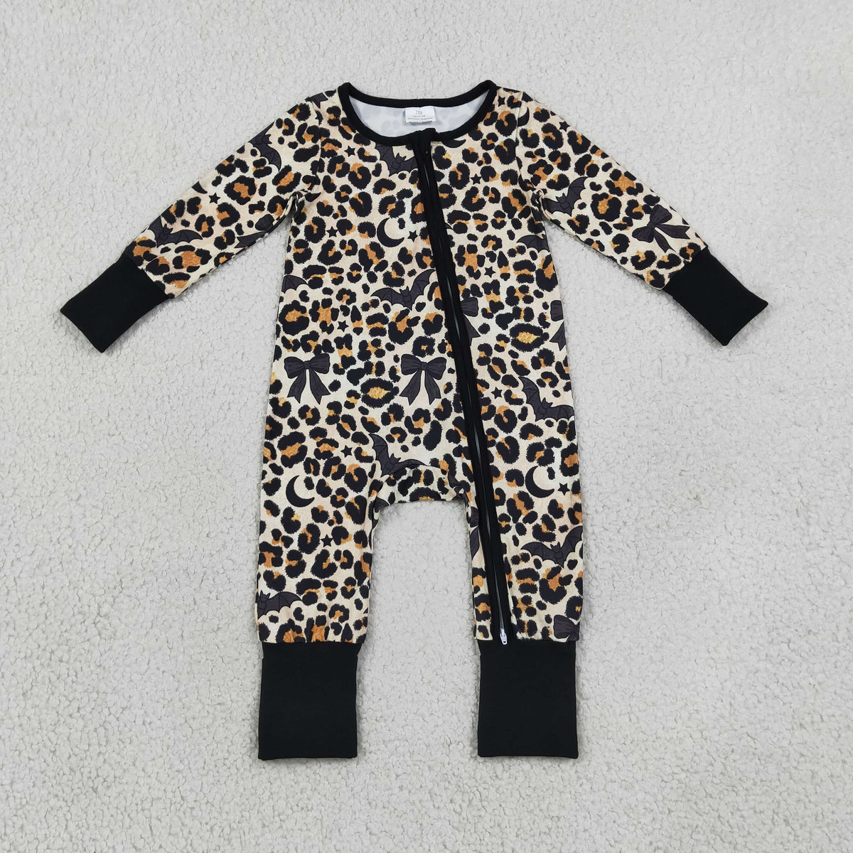 LR3242 Leopard Bows Zipper Long Sleeve Girls Romper