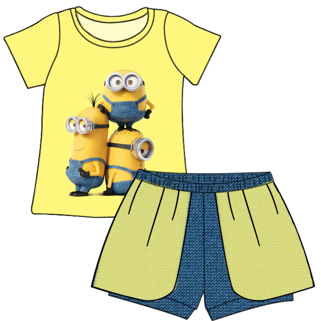 custom style cartoon yellow baby short sleeve shorts girls set tat 6-8 weeks