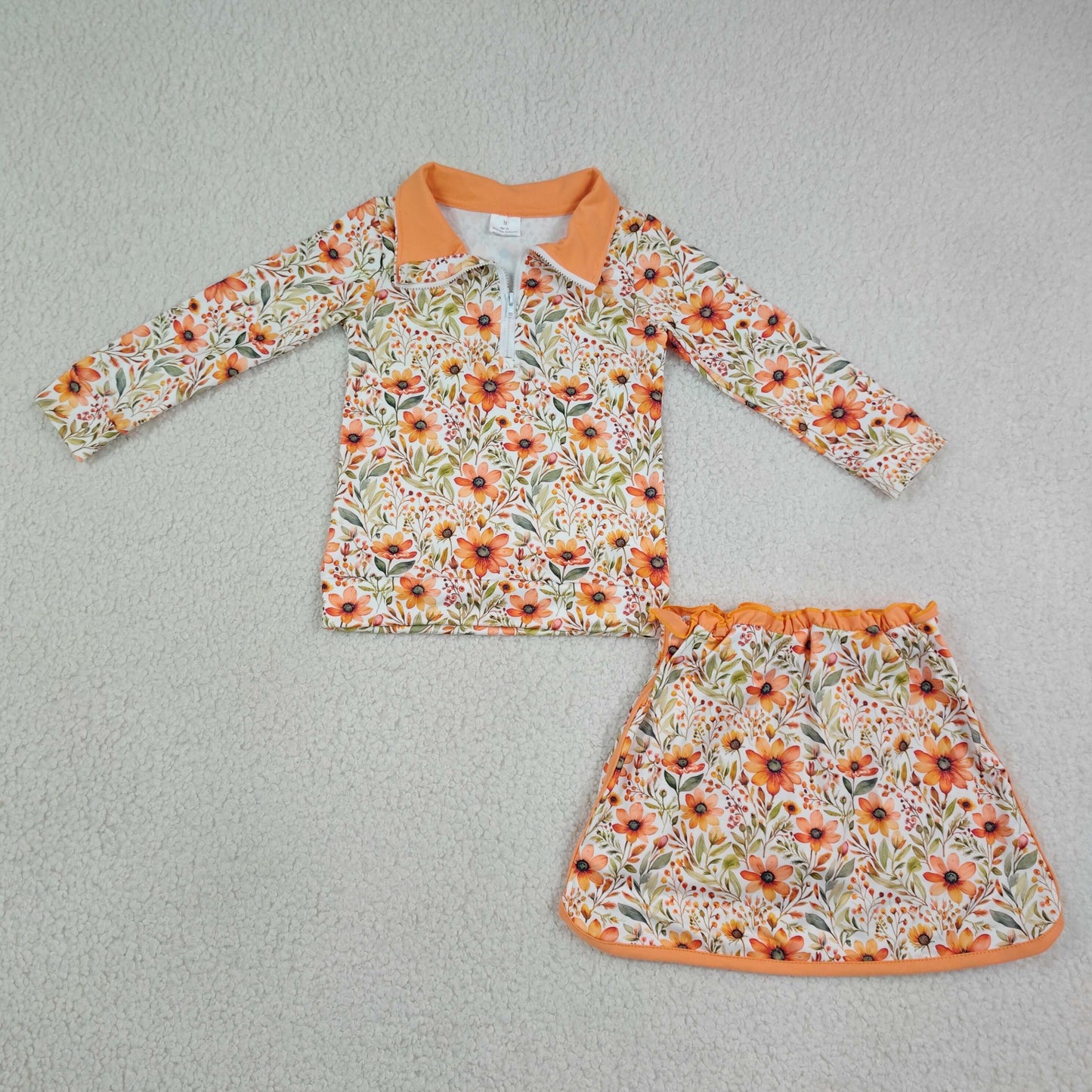 GLD1606 Yoga Autumn Flowers Orange Zipper Long Sleeve Skorts Girls Set