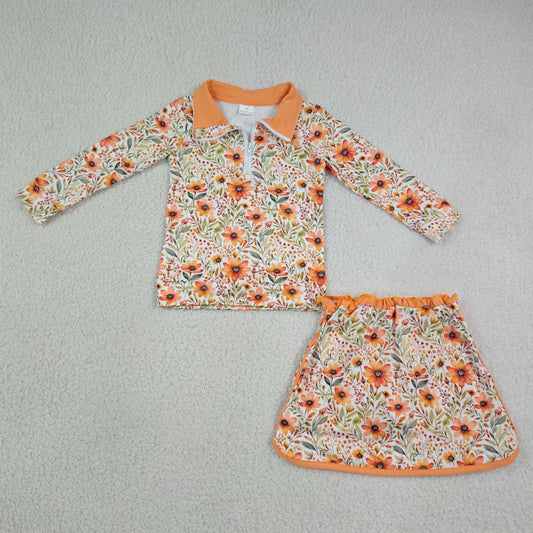 GLD1606 Yoga Autumn Flowers Orange Zipper Long Sleeve Skorts Girls Set