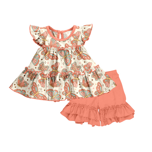 preorder GSSO1076 Orange Butterfly Flutter Sleeve Orange Shorts Girls Set