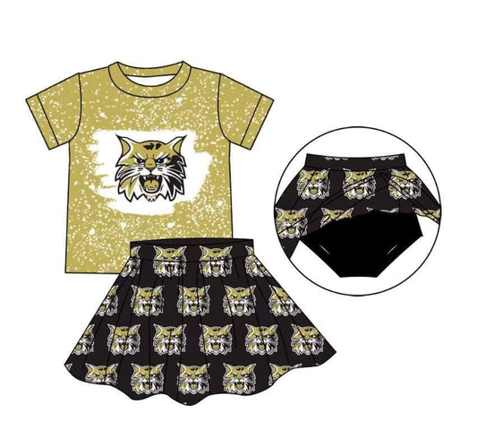 custom football team gold tiger short sleeve black skirt girls 2pcs set