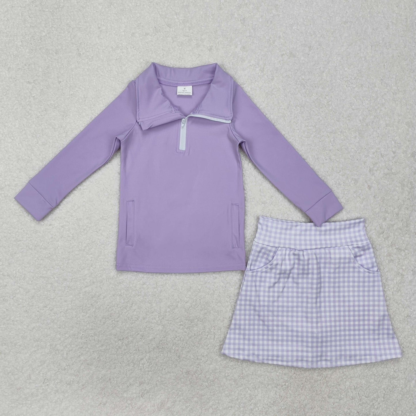 GLD0985 purple zipper long sleeve colorful flowers skirt girls set