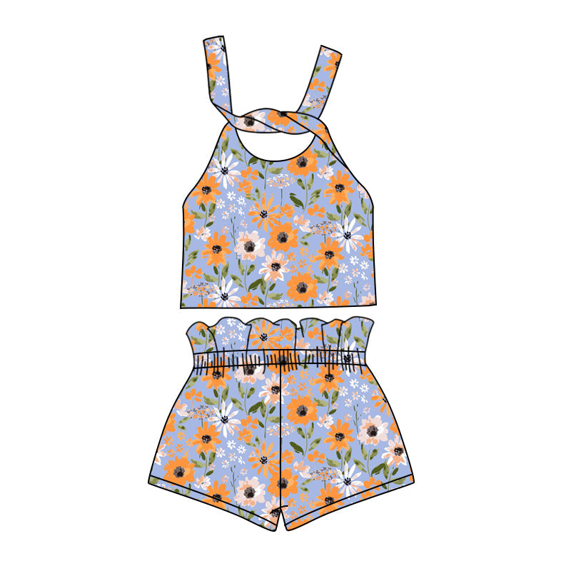 custom (moq 5)Baby Girls Orange Flowers Straps Top Shorts Clothes Sets