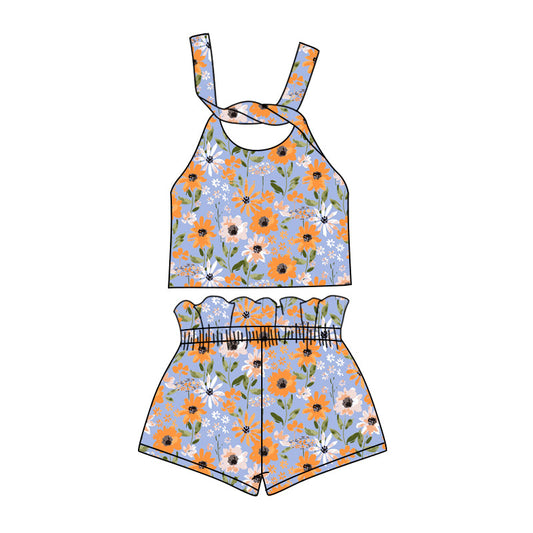 custom (moq 5)Baby Girls Orange Flowers Straps Top Shorts Clothes Sets