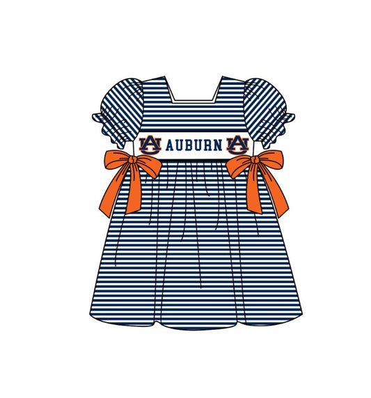 Custom Moq 3 Football Item Auburn Blue Bows Short Sleeve Girls Dress