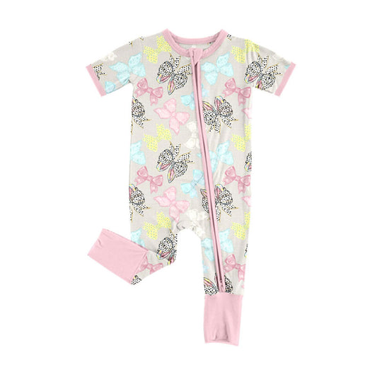 custom moq 5 cute colorful bows pink zipper short sleeve girls romper