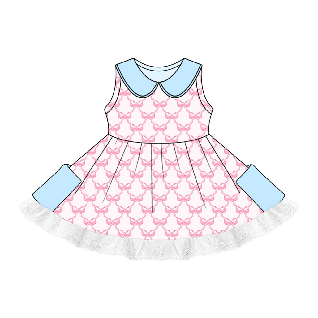 custom (moq 5)Baby Girls Pink Bows Lace Pockets Twirl Dresses