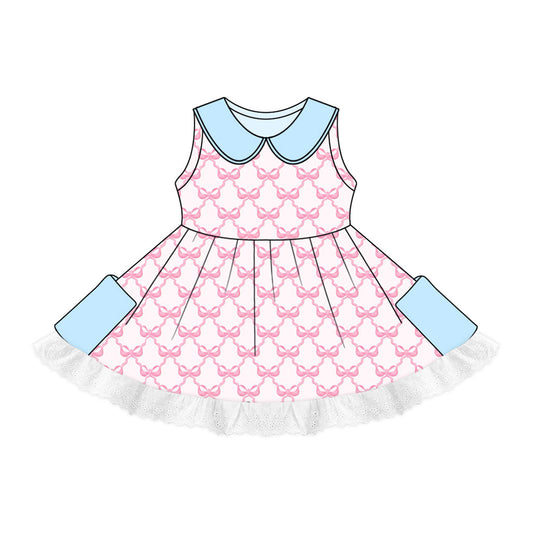 custom (moq 5)Baby Girls Pink Bows Lace Pockets Twirl Dresses