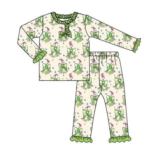 Custom moq 20 bamboo Christmas green bows long sleeve pants girls pajamas