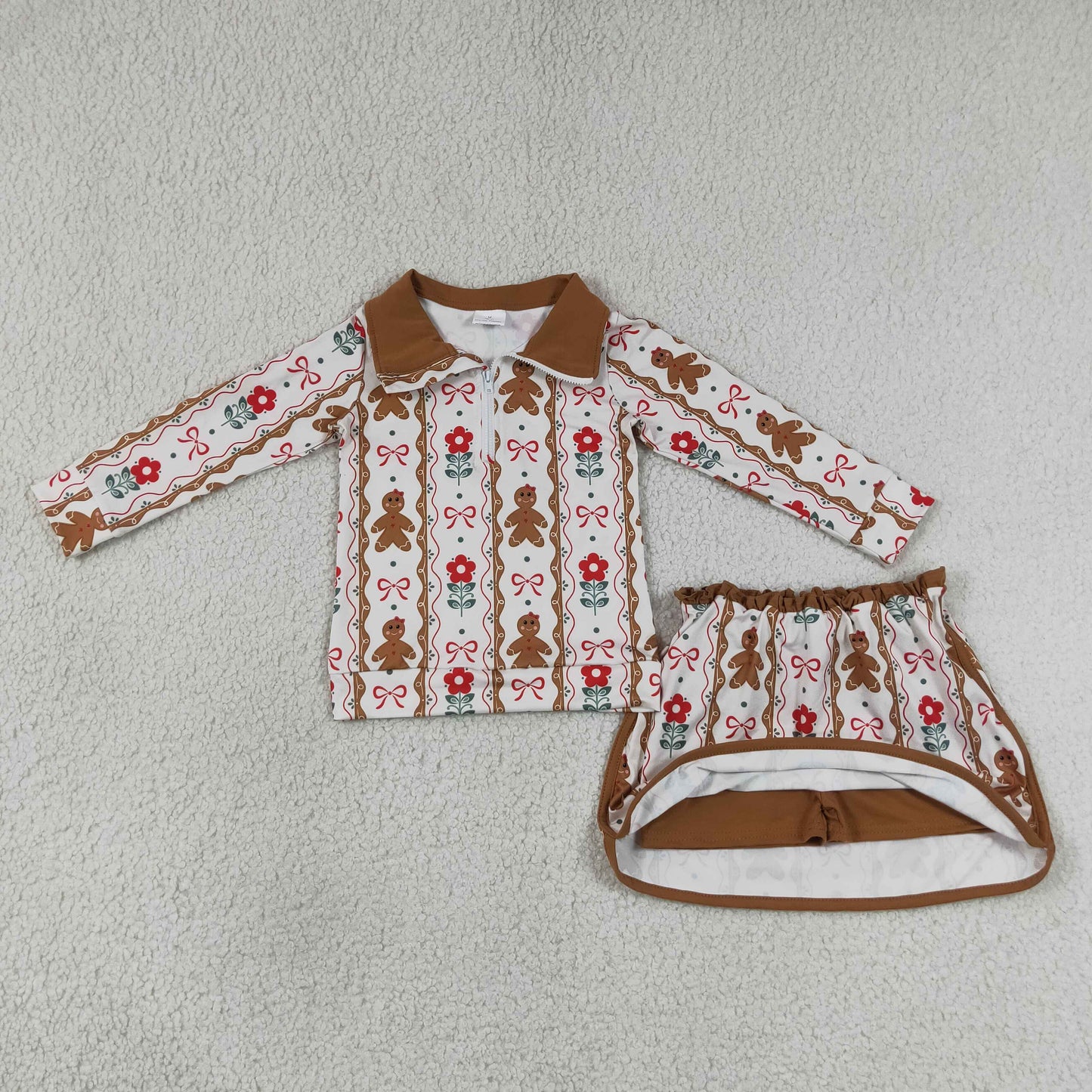 GLD1607 Christmas Gingerbread Man Zipper Long Sleeve Skorts Girls Set