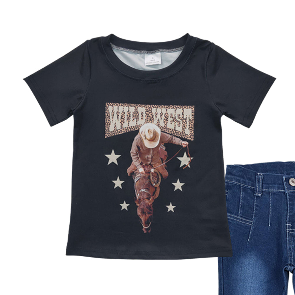 GSPO1563 Western wild west rodeo black short sleeve top blue denim pants girls jeans set