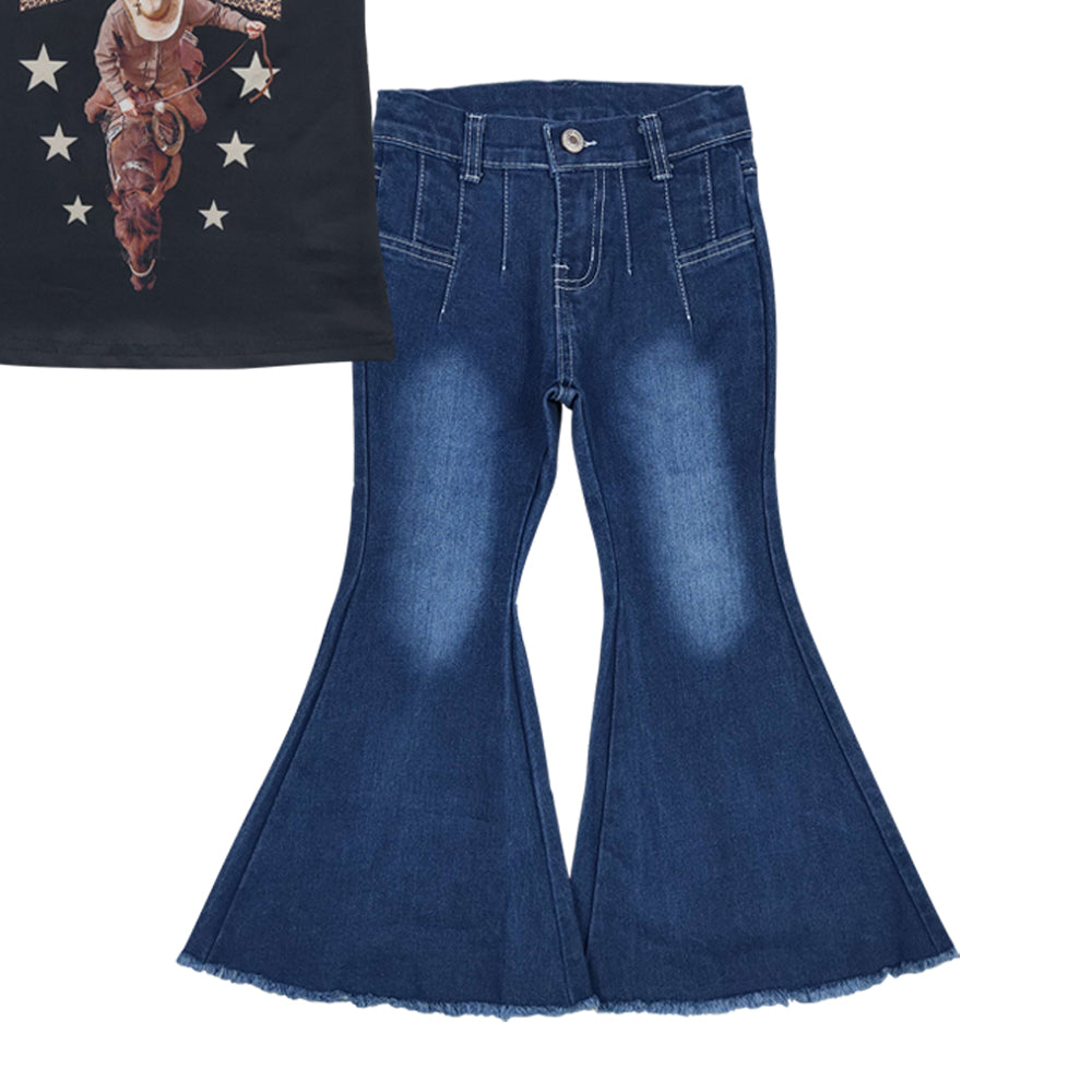 GSPO1563 Western wild west rodeo black short sleeve top blue denim pants girls jeans set