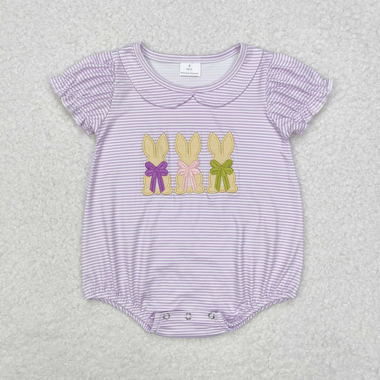 embroidery SR2074 Easter cute bunny rabbit purple striped short sleeve girls romper